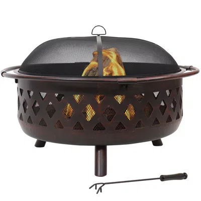 Sunnydaze Outdoor Camping Or Backyard Crossweave Cut Out Fire Pit With Spark Screen And Log Poker - 36" - Bron