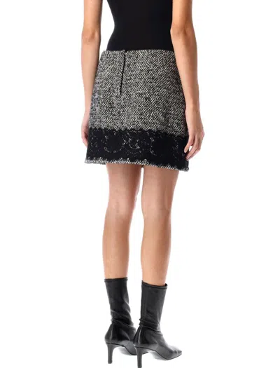Dolce & Gabbana Short Micro-tweed Skirt With Lace Insert In Black Melange