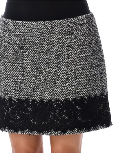 Dolce & Gabbana Short Micro-tweed Skirt With Lace Insert In Black Melange
