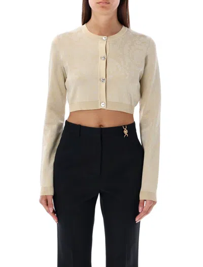 Versace Barocco Texture Cropped Cardigan In Light Sand Gold