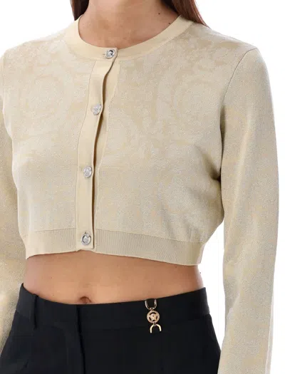 Versace Barocco Texture Cropped Cardigan In Light Sand Gold