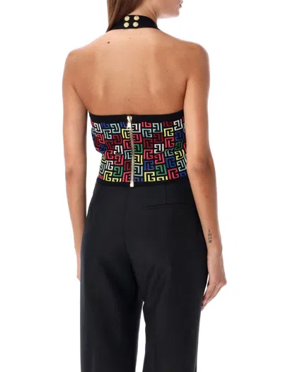 Balmain Halterneck Top In Pop Monogram Knit In Multicolor