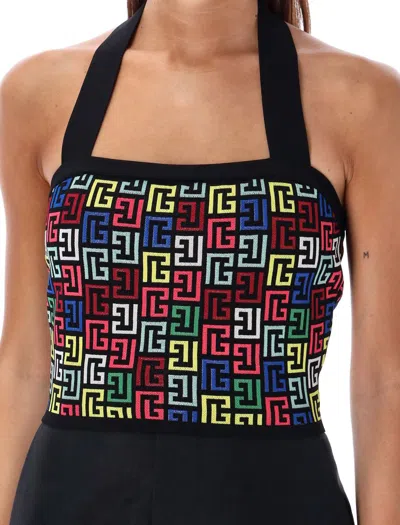 Balmain Halterneck Top In Pop Monogram Knit In Multicolor