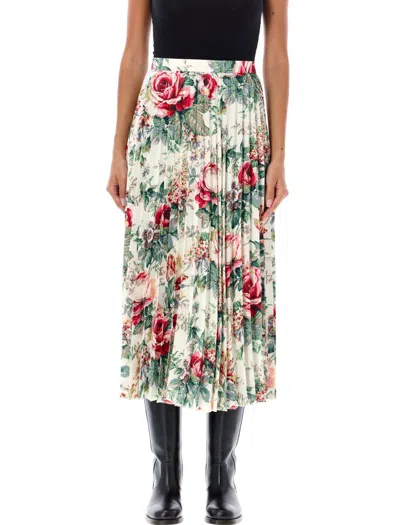Junya Watanabe Flower Pattern Printed Pleated Midi Skirt In Off Whte/pink