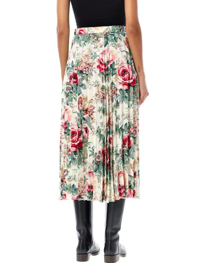 Junya Watanabe Flower Pattern Printed Pleated Midi Skirt In Off Whte/pink