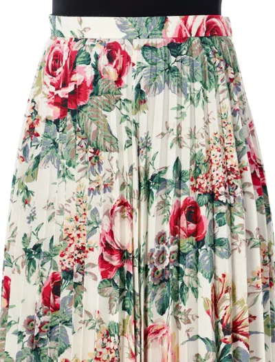 Junya Watanabe Flower Pattern Printed Pleated Midi Skirt In Off Whte/pink