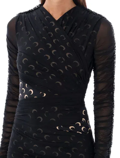Marine Serre Asymmetric Draped Jersey Midi Dress In Black
