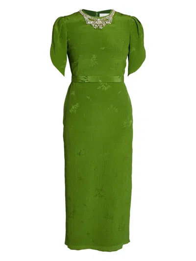 Erdem Crystal Necklace Floral Embroidered Short Sleeve Cocktail Dress In Green