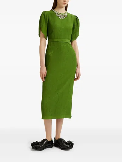 Erdem Crystal Necklace Floral Embroidered Short Sleeve Cocktail Dress In Green