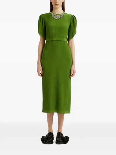 Erdem Crystal Necklace Floral Embroidered Short Sleeve Cocktail Dress In Green