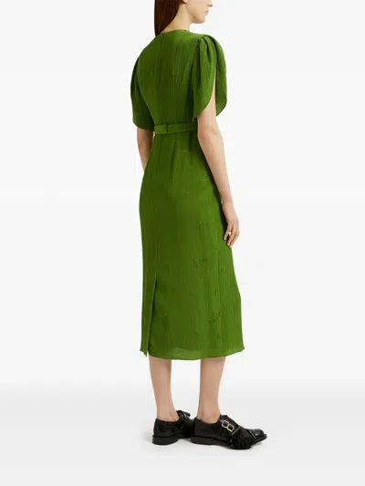 Erdem Crystal Necklace Floral Embroidered Short Sleeve Cocktail Dress In Green