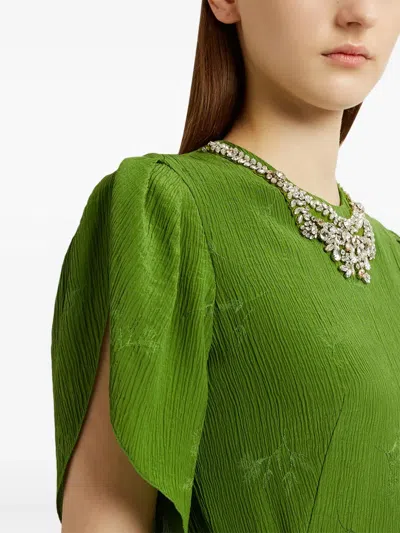 Erdem Crystal Necklace Floral Embroidered Short Sleeve Cocktail Dress In Green