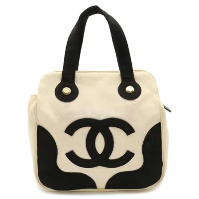 Pre-owned Chanel Black Ivory Canvas Handbag Tote Bag () In Black, Ivory