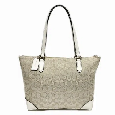 Pre-owned Coach Light Beige White Canvas Leather Tote Bag () In Light Beige, White