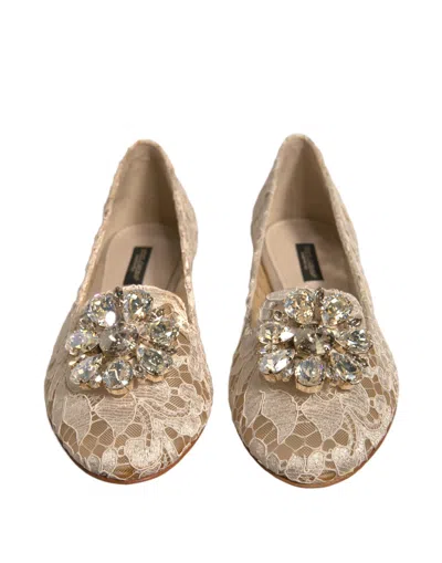 Pre-owned Dolce & Gabbana Beige Crystal Loafer Lace Ballet Flats Women's Shoes ()