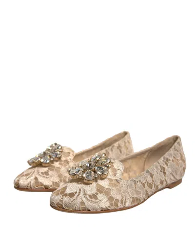 Pre-owned Dolce & Gabbana Beige Crystal Loafer Lace Ballet Flats Women's Shoes ()