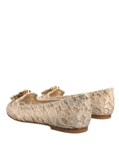 Pre-owned Dolce & Gabbana Beige Crystal Loafer Lace Ballet Flats Women's Shoes ()