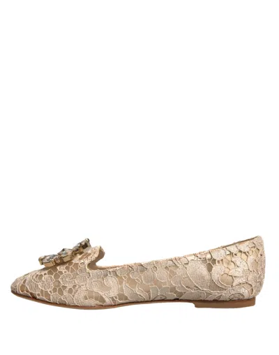 Pre-owned Dolce & Gabbana Beige Crystal Loafer Lace Ballet Flats Women's Shoes ()