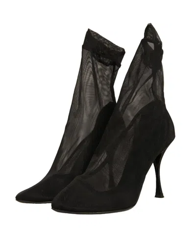 Pre-owned Dolce & Gabbana Black Silk Mesh Sock Style Heels Boots Women's Shoes ()