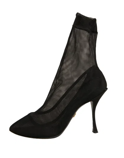 Pre-owned Dolce & Gabbana Black Silk Mesh Sock Style Heels Boots Women's Shoes ()