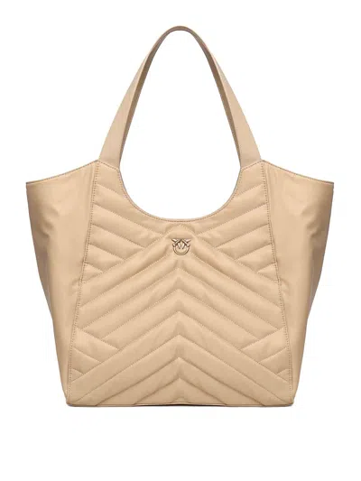 Pinko Shopper Bag In Puzzle-quilted Recycled Fabric In Beige-smoke Grey-antique Gold