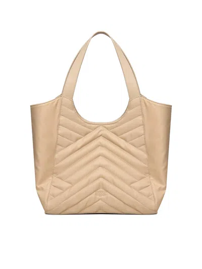 Pinko Shopper Bag In Puzzle-quilted Recycled Fabric In Beige-smoke Grey-antique Gold