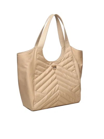Pinko Shopper Bag In Puzzle-quilted Recycled Fabric In Beige-smoke Grey-antique Gold