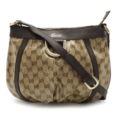 Pre-owned Gucci Beige Dark Brown Coated Canvas Leather Shoulder Bag () In Beige, Dark Brown