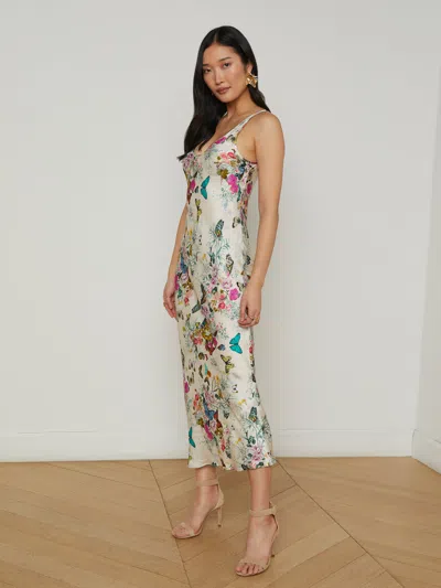 L Agence Akiya Satin Maxi Dress In Vintage White Multi Charonda Butterfly