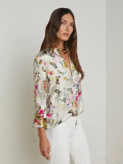L Agence Dani Silk Charonda Butterfly Blouse In Vintage White Multi In Vintage White Multi Charonda Butterfly