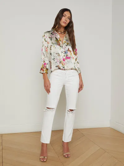 L Agence Dani Silk Charonda Butterfly Blouse In Vintage White Multi In Vintage White Multi Charonda Butterfly
