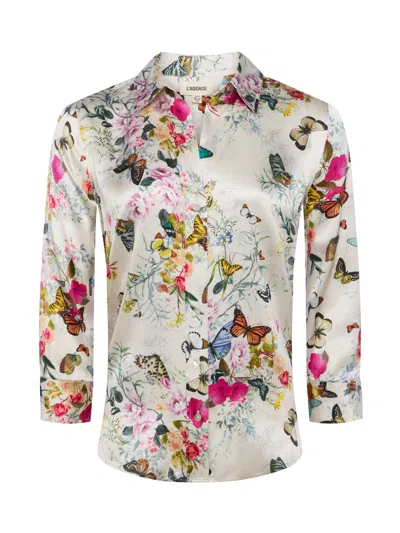 L Agence Dani Silk Charonda Butterfly Blouse In Vintage White Multi In Vintage White Multi Charonda Butterfly