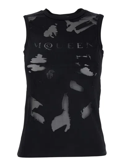 Alexander Mcqueen Black Crewneck Sleeveless Top With Logo Lettering On The Front And Semi Sheer Pane In Multicolor