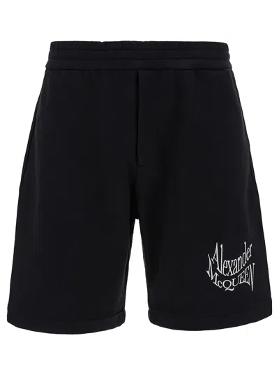 Alexander Mcqueen Alexander Mc Queen Black Bermuda Shorts With Distorted Logo In Black