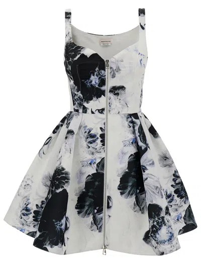 Alexander Mcqueen Women Mini White And Black Dress With All-over Chiaroscuro Print In Polyfaille Wom In White