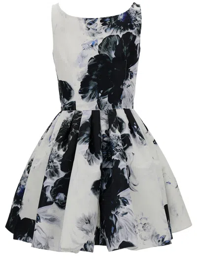 Alexander Mcqueen Women Mini White And Black Dress With All-over Chiaroscuro Print In Polyfaille Wom In White