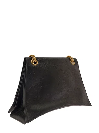 Balenciaga 'crus Medium' Black Shoulder Bag With B Logo Hardware In Crushed Leather Woman In Black