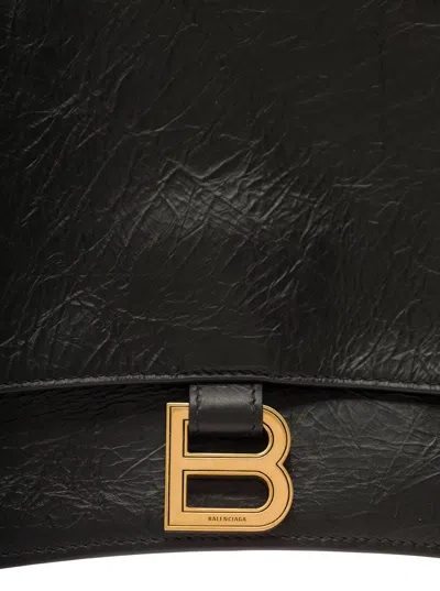 Balenciaga 'crus Medium' Black Shoulder Bag With B Logo Hardware In Crushed Leather Woman In Black