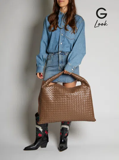 Bottega Veneta Women 'hop Large' Brown Shoulder Bag With All-over Intreccio Motif In Leather Woman In Brown