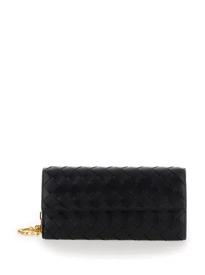 Bottega Veneta Black Chain Wallet With Intreccio Motif In Leather Woman In Multicolor