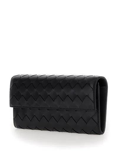 Bottega Veneta Black Chain Wallet With Intreccio Motif In Leather Woman In Multicolor