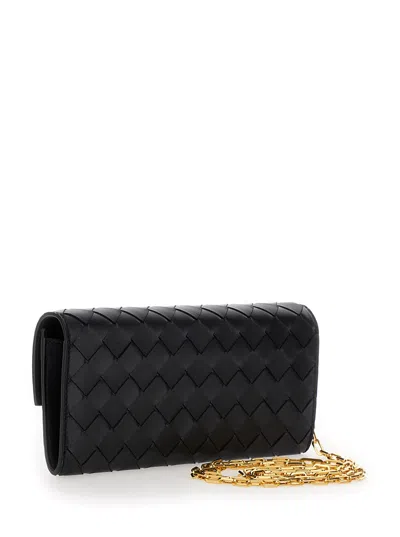Bottega Veneta Black Chain Wallet With Intreccio Motif In Leather Woman In Multicolor