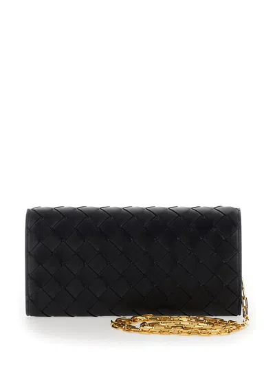 Bottega Veneta Black Chain Wallet With Intreccio Motif In Leather Woman In Multicolor