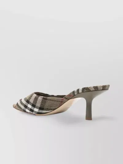Burberry Check Pattern Kitten Heel Mules With Peep Toe