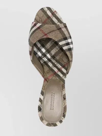 Burberry Check Pattern Kitten Heel Mules With Peep Toe