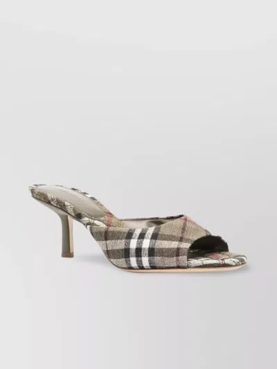 Burberry Check Pattern Kitten Heel Mules With Peep Toe