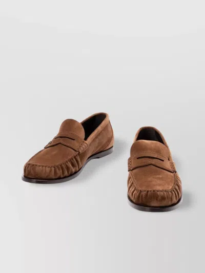 Saint Laurent Suede Penny Strap Loafers Round Toe In Brown
