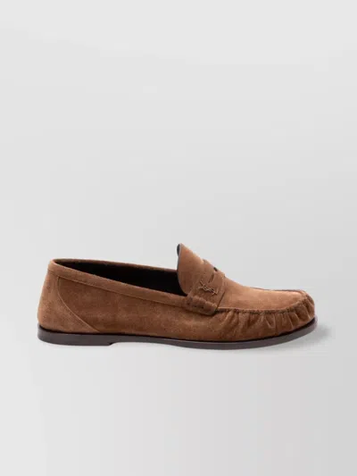 Saint Laurent Suede Penny Strap Loafers Round Toe In Brown