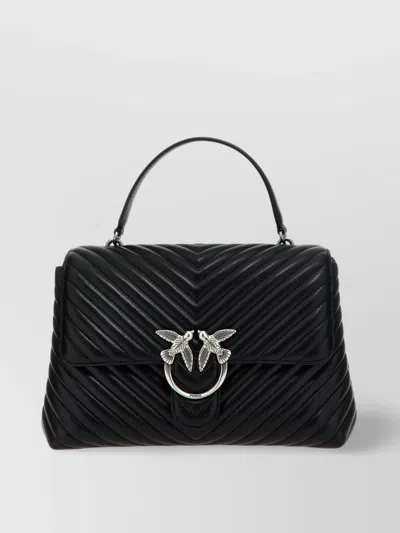 Pinko Chevron-quilted Black Handbag With Logo Buckle In Black