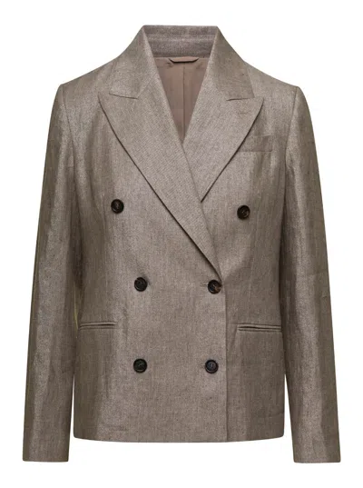 Brunello Cucinelli Metallic Double-breasted Jacket With Peak Revers In Linen Blend Woman In Brown